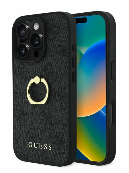 Guess для iPhone 16 Pro Max чехол PU 4G + Ring Hard Black