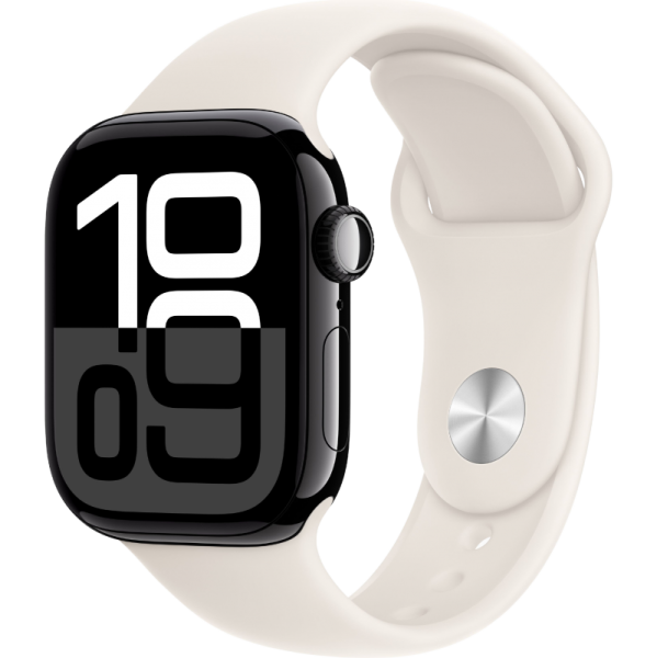 Apple Watch Series 10 46mm Aluminum Jet Black Case Starlight Sport Band S/M