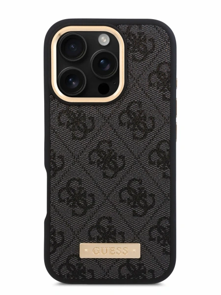Guess для iPhone 16 чехол PU Grained leather Triangle metal logo Hard Black (MagSafe)