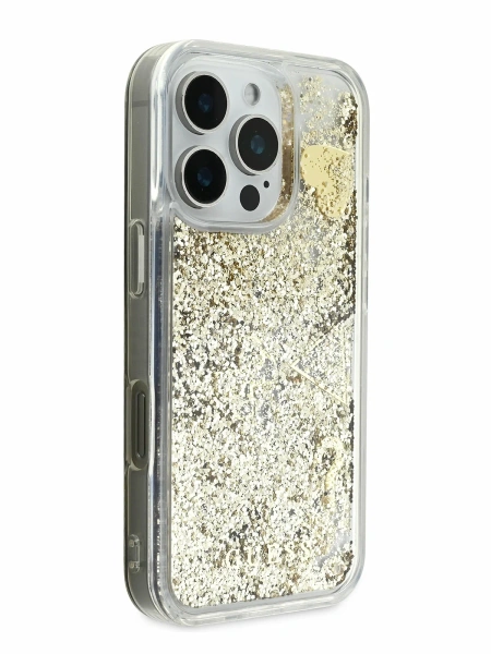 Guess для iPhone 16 Pro чехол Liquid Glitter Hard Hearts Gold